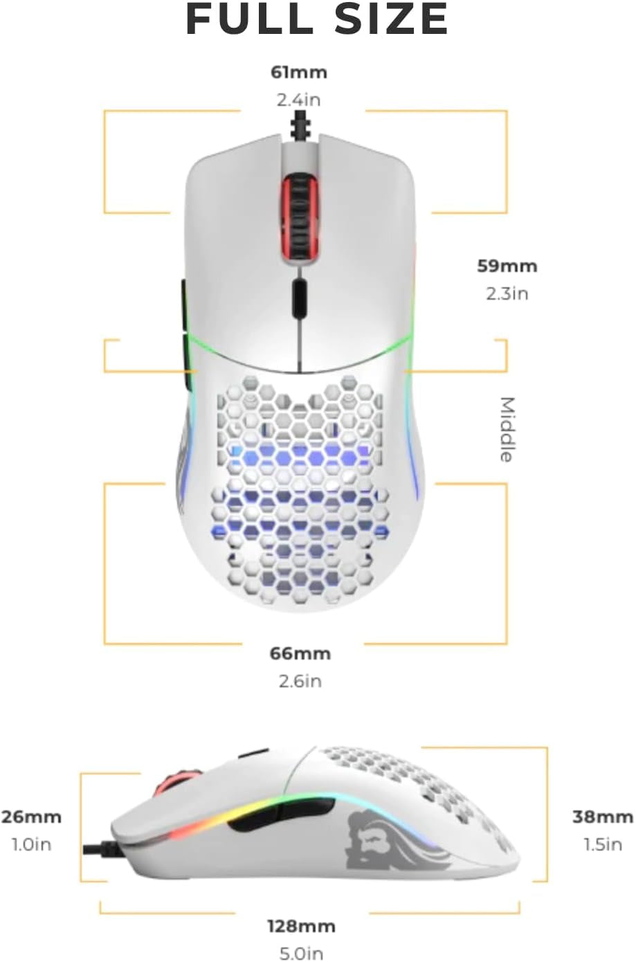 Model O Wired Gaming Mouse - 67G Lightweight Honeycomb Design, RGB Lighting, Pixart 3360 Sensor, Omron Switches, Ambidextrous - Matte White