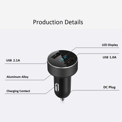 Dual USB Car Charger with 12V/24V Voltage Meter, 4.8A Output, Cigarette Lighter Plug Adapter for iPhone, iPad, Samsung, and Other USB Charging Devices - Black