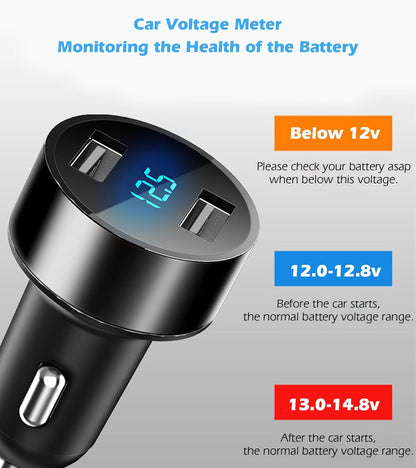 Dual USB Car Charger with 12V/24V Voltage Meter, 4.8A Output, Cigarette Lighter Plug Adapter for iPhone, iPad, Samsung, and Other USB Charging Devices - Black