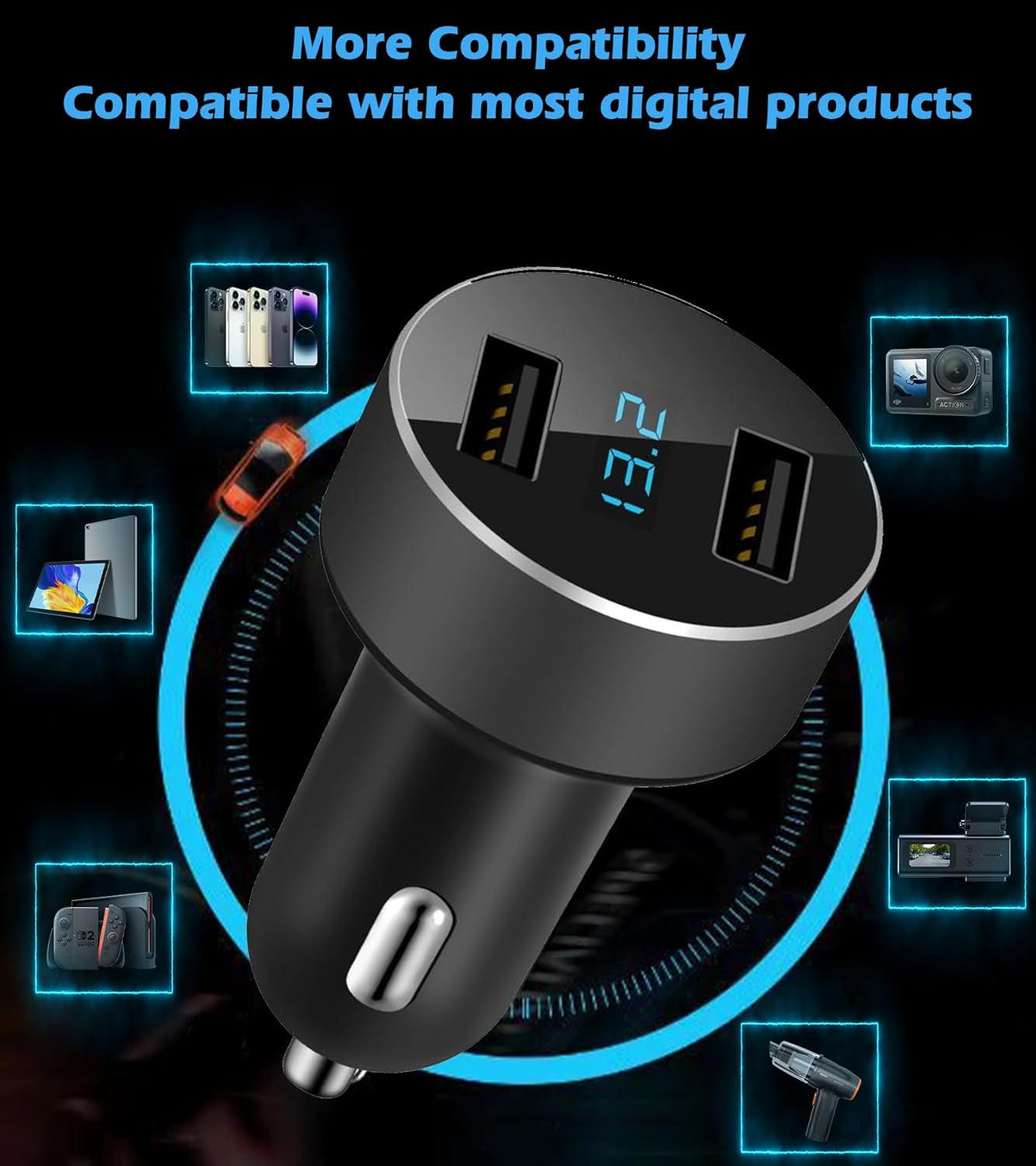 Dual USB Car Charger with 12V/24V Voltage Meter, 4.8A Output, Cigarette Lighter Plug Adapter for iPhone, iPad, Samsung, and Other USB Charging Devices - Black