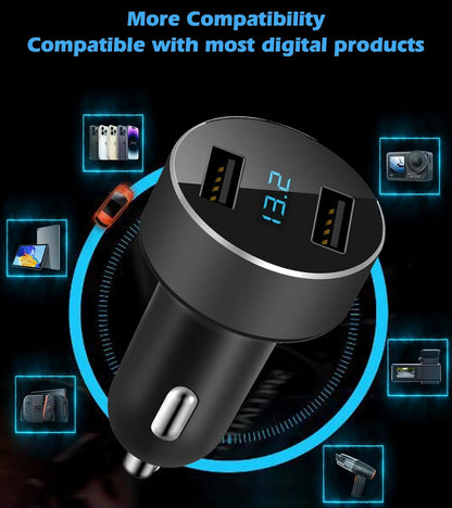 Dual USB Car Charger with 12V/24V Voltage Meter, 4.8A Output, Cigarette Lighter Plug Adapter for iPhone, iPad, Samsung, and Other USB Charging Devices - Black