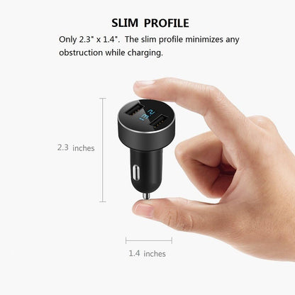Dual USB Car Charger with 12V/24V Voltage Meter, 4.8A Output, Cigarette Lighter Plug Adapter for iPhone, iPad, Samsung, and Other USB Charging Devices - Black