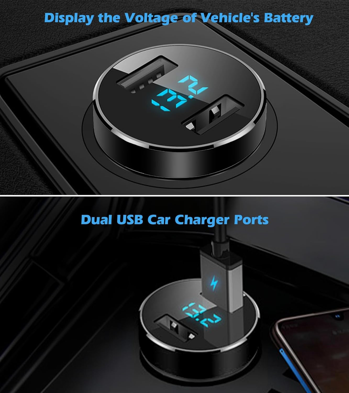 Dual USB Car Charger with 12V/24V Voltage Meter, 4.8A Output, Cigarette Lighter Plug Adapter for iPhone, iPad, Samsung, and Other USB Charging Devices - Black