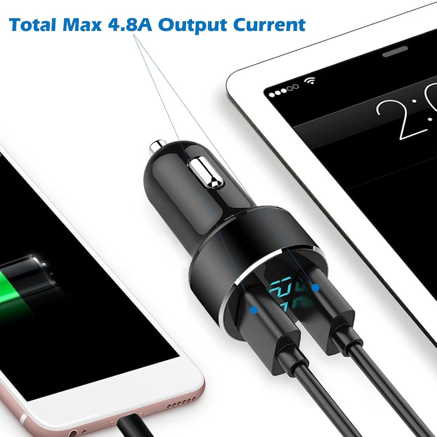 Dual USB Car Charger with 12V/24V Voltage Meter, 4.8A Output, Cigarette Lighter Plug Adapter for iPhone, iPad, Samsung, and Other USB Charging Devices - Black