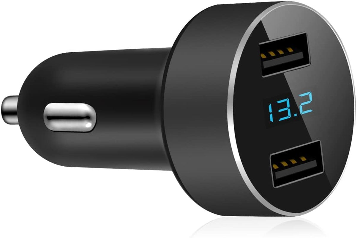 Dual USB Car Charger with 12V/24V Voltage Meter, 4.8A Output, Cigarette Lighter Plug Adapter for iPhone, iPad, Samsung, and Other USB Charging Devices - Black